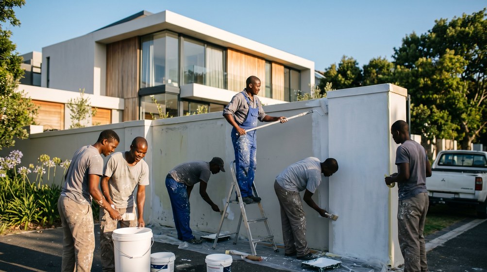 Professional team painting a boundary wall at a modern home in Stellenberg