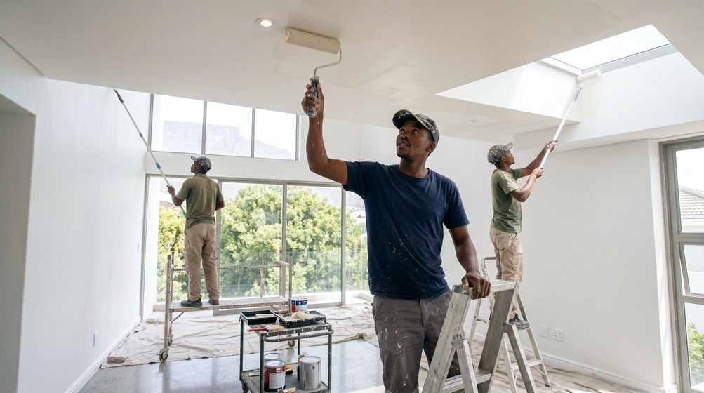 Professional ceiling painters rolling white paint onto a high ceiling in Stellenberg
