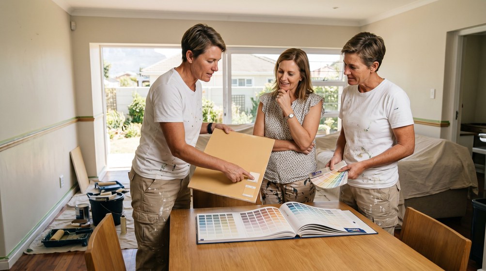 Professional colour consultant showing paint swatches to a homeowner in Stellenberg