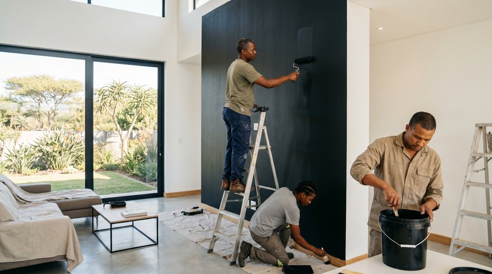 Professional painters creating a bold black feature wall in a modern Stellenberg home