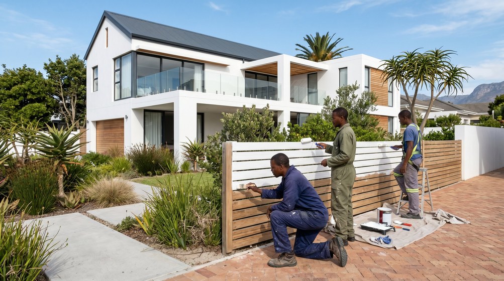 Professional fence painters painting a wooden fence at a Stellenberg home in Stellenberg