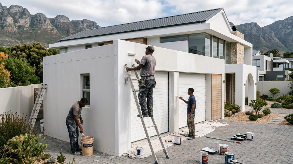 Professional painters painting a double garage exterior and garage doors in Stellenberg