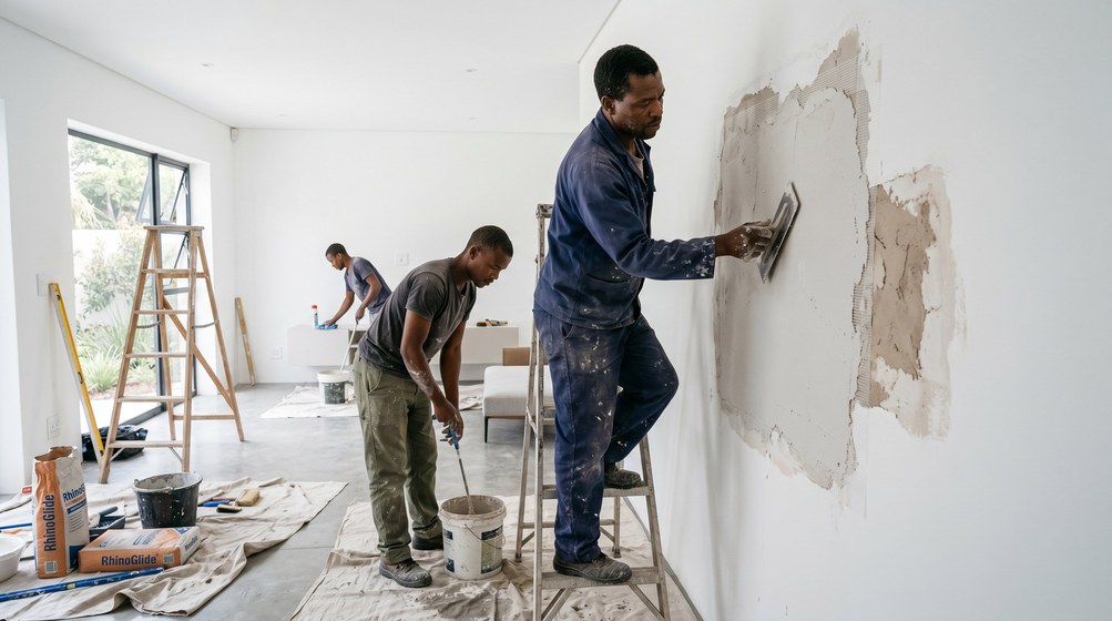 Professional plaster repair team skim coating damaged walls in Stellenberg