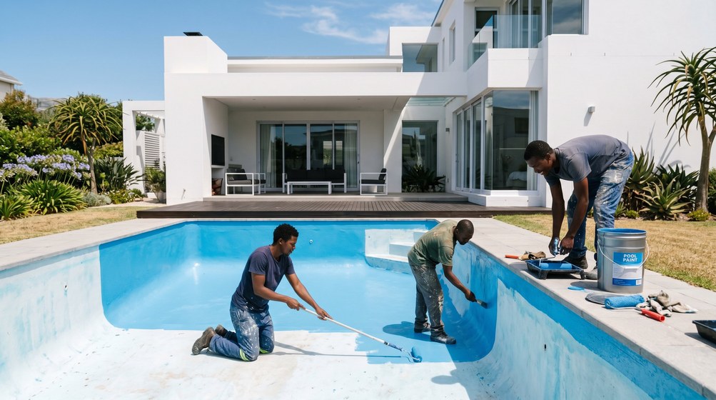 Professional pool painters applying blue pool paint to a swimming pool in Stellenberg