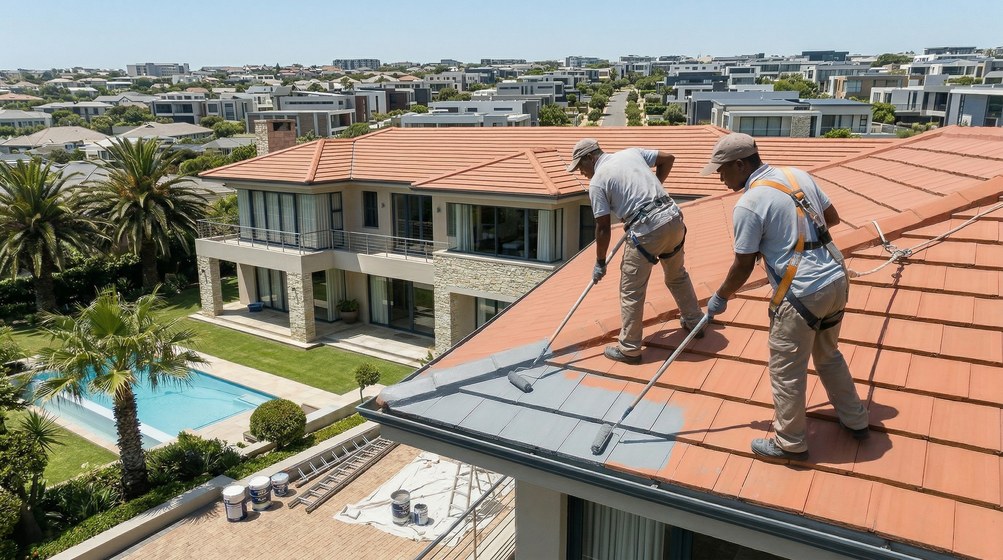 Professional roof painters applying waterproof coating to tiled roof in Stellenberg