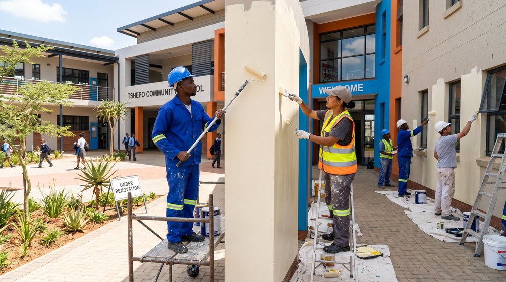 Professional school painting team painting a community school in Stellenberg