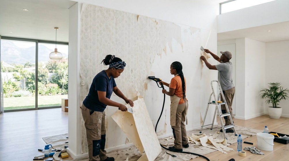 Professional wallpaper removal team stripping old wallpaper in a Stellenberg home