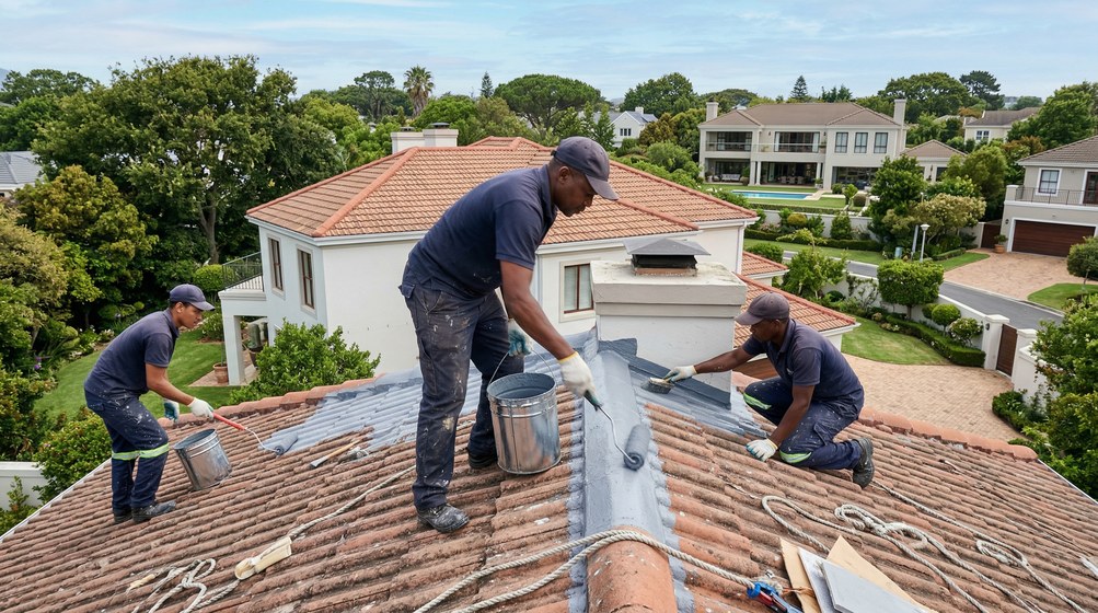 Professional waterproofing team applying membrane to roof in Stellenberg