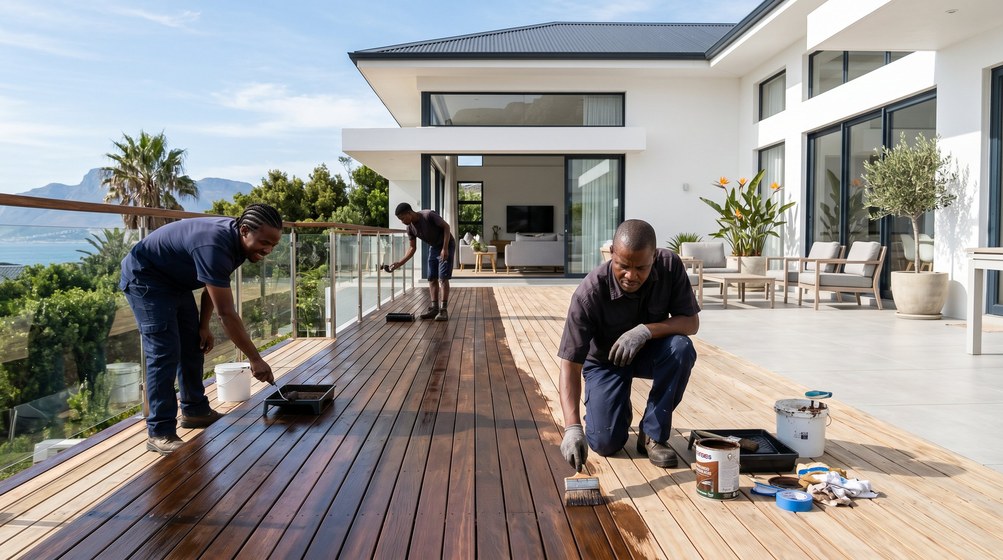 Professional wood staining team applying deck stain on a home in Stellenberg